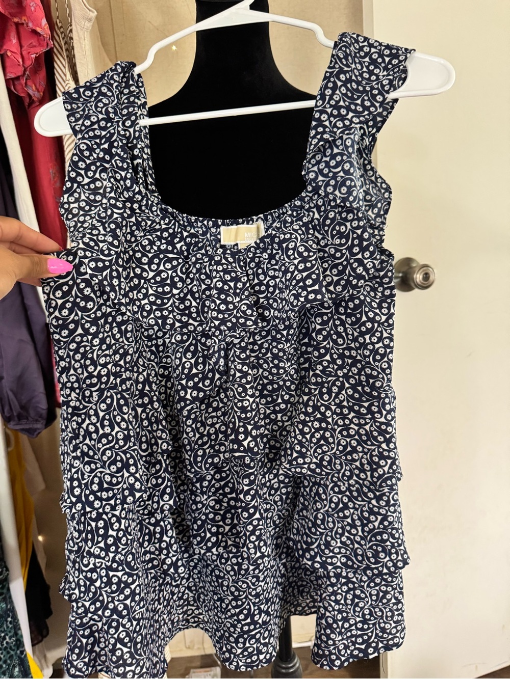 MICHAEL Michael Kors Navy and White Tiered Ruffle Tank